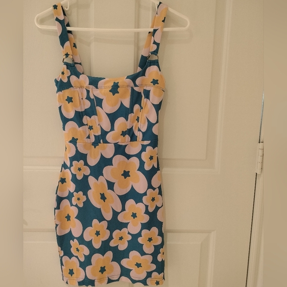 Princess Polly Groovy Floral Blue and Yellow Dress 70s Style Corset - Picture 6 of 6